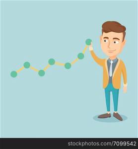 Young business man in suit looking at chart going up. Businessman lifting a business chart. Caucasian businessman pulling up a business chart. Vector flat design illustration. Square layout.. Business man looking at chart going up.
