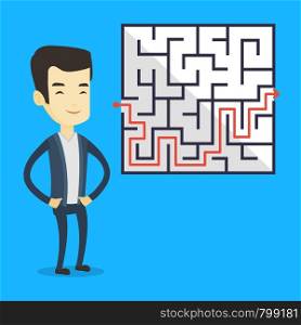 Young business man looking at labyrinth with solution. Asian business man thinking about business solution. Business solution concept. Vector flat design illustration. Square layout.. Business man looking at labyrinth with solution.