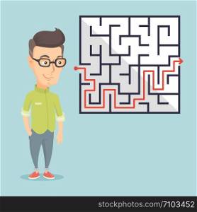 Young business man looking at labyrinth with solution. Caucasian business man thinking about business solution. Business solution concept. Vector flat design illustration. Square layout.. Business man looking at labyrinth with solution.