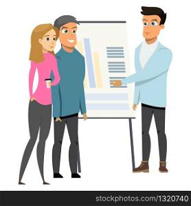 Young Business Man Make Presentation Shows Charts and Diagram to Group of People on Whiteboard or Flipchart paper. Startup Brainstorm Concept. Cartoon Vector Illustration Flat. Young Business Man Make Presentation Shows Charts to Group of People