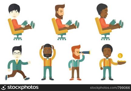 Young business man reading a book. Concentrated business man studying with a book in hands. Business man relaxing with a book. Set of vector flat design illustrations isolated on white background.. Vector set of illustrations with business people.