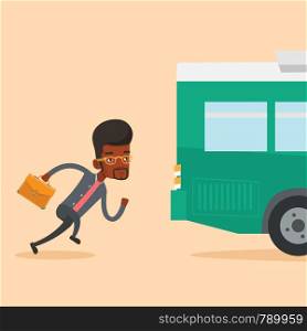 Young business man running to catch bus. Upset african-american business man running for an outgoing bus. Sad latecomer man running to reach a bus. Vector flat design illustration. Square layout.. Latecomer man running for the bus.