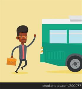 Young business man running to catch bus. Upset african-american business man running for an outgoing bus. Sad latecomer man running to reach a bus. Vector flat design illustration. Square layout.. Latecomer man running for the bus.