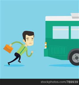 Young business man running to catch bus. Upset asian business man running for an outgoing bus. Sad latecomer business man running to reach a bus. Vector flat design illustration. Square layout.. Latecomer man running for the bus.