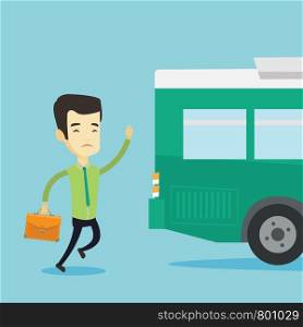 Young business man running to catch bus. Upset asian business man running for an outgoing bus. Sad latecomer business man running to reach a bus. Vector flat design illustration. Square layout.. Latecomer man running for the bus.