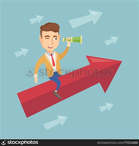 Young business man searching for opportunities. Caucasian business man using spyglass for searching of opportunities. Business opportunities concept. Vector flat design illustration. Square layout.. Business man looking through spyglass.