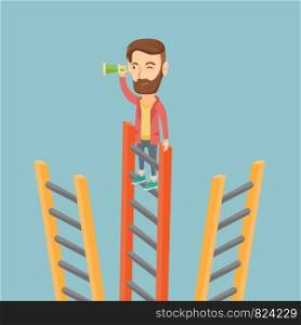 Young business man searching for opportunities. Caucasian business man using spyglass for searching of opportunities. Business opportunities concept. Vector flat design illustration. Square layout. Businessman looking for business opportunities.