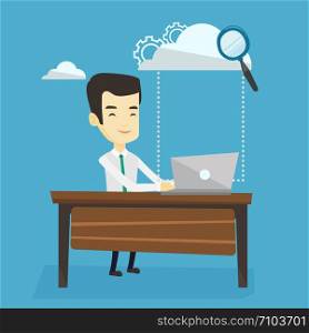 Young business man working on laptop under cloud. Asian business man using cloud computing technologies. Cloud computing and business technology concept. Vector flat design illustration. Square layout. Cloud computing technology vector illustration.