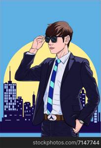 Young business men stand and look Illustration vector On pop art comic style Colorful city at night background