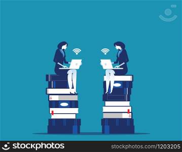 Young business people sitting on books and strategy planning. Concept business technology vector illustration.