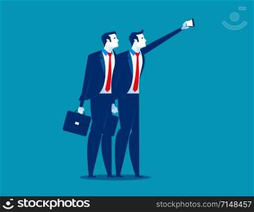 Young business people taking selfie. Concept business vector illustration.