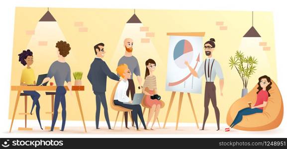 Young Business Team in Coworking Cartoon Vector Concept with Group of Positive Multinational Business People Working Together, Conducting Meeting, Negotiations or Training in Modern Open Space Office