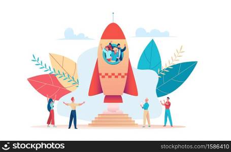 Young business team launches rocket. Startup metaphor. Concept of team office work, cooperation and business opportunity. Vector flat illustration