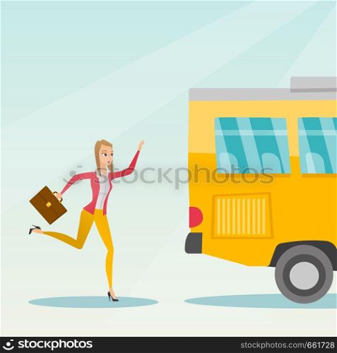 Young business woman chasing a bus. Caucasian business woman running for an outgoing bus. Latecomer business woman running to reach a bus. Vector cartoon illustration. Square layout.. Caucasian latecomer woman running for the bus.