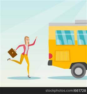 Young business woman chasing a bus. Caucasian business woman running for an outgoing bus. Latecomer business woman running to reach a bus. Vector cartoon illustration. Square layout.. Caucasian latecomer woman running for the bus.