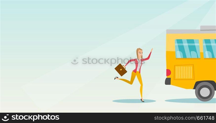 Young business woman chasing a bus. Caucasian business woman running for an outgoing bus. Latecomer business woman running to reach a bus. Vector cartoon illustration. Horizontal layout.. Caucasian latecomer woman running for the bus.