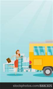 Young business woman chasing a bus. Caucasian business woman running for an outgoing bus. Latecomer business woman running to reach a bus. Vector cartoon illustration. Vertical layout.. Caucasian latecomer woman running for the bus.