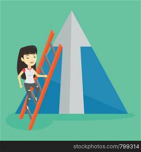 Young business woman climbing the ladder. Business woman climbing on mountain with arrow going up. Business woman climbing upward on the top of mountain. Vector flat design illustration. Square layout. Business woman climbing on mountain.