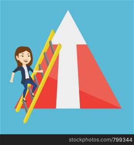 Young business woman climbing the ladder. Businesswoman climbing on mountain with arrow going up. Businesswoman climbing upward on the top of mountain. Vector flat design illustration. Square layout.. Business woman climbing on mountain.