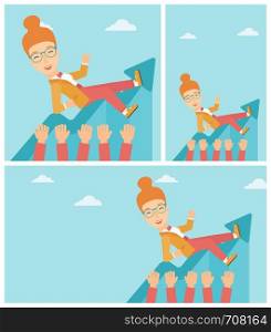 Young business woman get thrown into the air by coworkers during celebration. Successful business concept. Vector flat design illustration. Square, horizontal, vertical layouts.. Successful business woman during celebration.