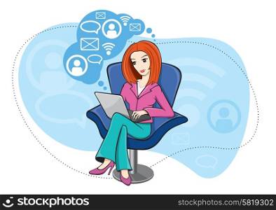 Young business woman girl sitting in chair and working on notebook and on social network cartoon design style