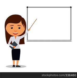 Young business woman giving a presentation, pointing at whiteboard. Vector illustration.. Young business woman giving a presentation