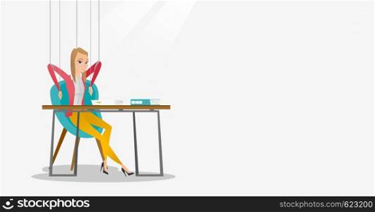 Young business woman hanging on strings like marionette. Business woman marionette on ropes sitting in office. Emotionless marionette woman working. Vector flat design illustration. Horizontal layout.. Business woman marionette on ropes working.
