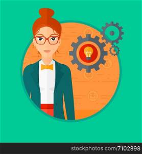 Young business woman having a business idea. Successful business idea concept. Business woman with business idea bulb in gear. Vector flat design illustration in the circle isolated on background.. Woman with bulb and gears.