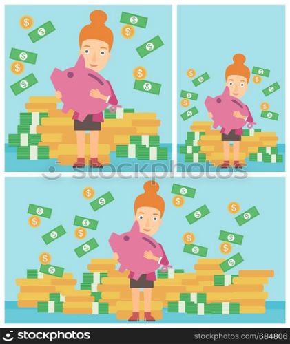 Young business woman holding a big piggy bank in hands under money rain on the background of stacks of golden coins. Vector flat design illustration. Square, horizontal, vertical layouts.. Business woman with piggy bank vector illustration