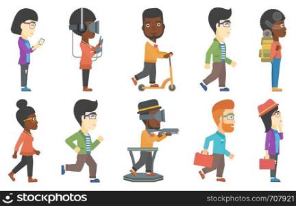 Young business woman holding mobile phone. Business woman using mobile phone. Business woman sending message via mobile phone. Set of vector flat design illustrations isolated on white background.. Vector set of tourists and business characters.