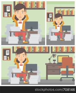 Young business woman in despair sitting at workplace with heaps of papers and clutching her head. Vector flat design illustration. Square, horizontal, vertical layouts.. Business woman in despair sitting in office.