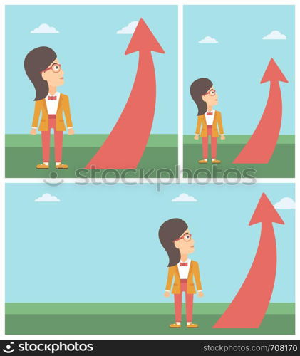 Young business woman looking at a red arrow going up. Successful business concept. Vector flat design illustration. Square, horizontal, vertical layouts.. Business woman looking at arrow going up.