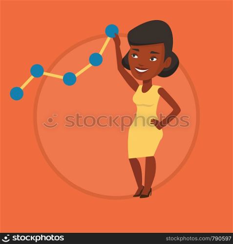 Young business woman looking at chart going up. Businesswoman lifting a business chart. Businesswoman pulling up a business chart. Vector flat design illustration in the circle isolated on background.. Business woman looking at chart going up.