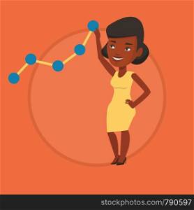 Young business woman looking at chart going up. Businesswoman lifting a business chart. Businesswoman pulling up a business chart. Vector flat design illustration in the circle isolated on background.. Business woman looking at chart going up.
