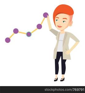 Young business woman looking at chart going up. Businesswoman lifting business chart. Caucasian businesswoman pulling up a business chart. Vector flat design illustration isolated on white background.. Business woman looking at chart going up.