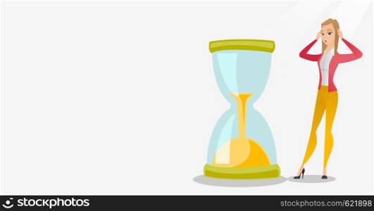 Young business woman looking at hourglass symbolizing deadline. Business woman worrying about deadline terms. Time management and deadline concept. Vector flat design illustration. Horizontal layout.. Desperate business woman looking at hourglass.