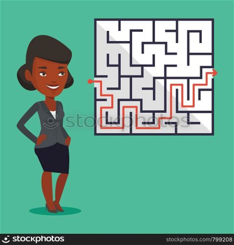 Young business woman looking at labyrinth with solution. An african-american businesswoman thinking about business solution. Business solution concept. Vector flat design illustration. Square layout.. Business woman looking at labyrinth with solution.
