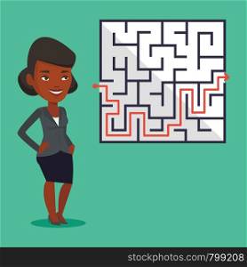 Young business woman looking at labyrinth with solution. An african-american businesswoman thinking about business solution. Business solution concept. Vector flat design illustration. Square layout.. Business woman looking at labyrinth with solution.