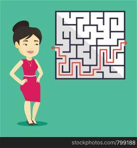 Young business woman looking at labyrinth with solution. Asian business woman thinking about business solution. Business solution concept. Vector flat design illustration. Square layout.. Business woman looking at labyrinth with solution.