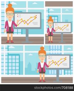 Young business woman pointing at charts on a board during business presentation. Business woman giving a business presentation. Vector flat design illustration. Square, horizontal, vertical layouts.. Businesswoman making business presentation.
