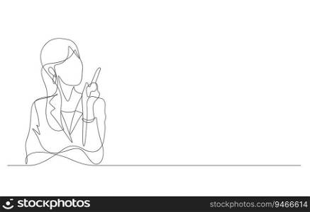 young business woman pointing finger up having an idea in one line drawing vector illustration