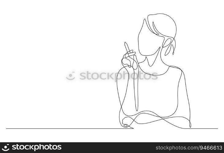 young business woman pointing with stylus pen having an idea in continuous line drawing vector illustration