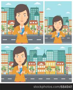 Young business woman putting an envelope in her pocket on a city background. Vector flat design illustration. Square, horizontal, vertical layouts.. Woman putting envelope in pocket.
