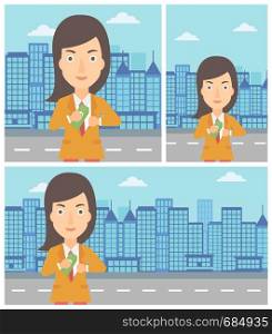 Young business woman putting money in her pocket on a city background. Vector flat design illustration. Square, horizontal, vertical layouts.. Woman putting money in pocket vector illustration.