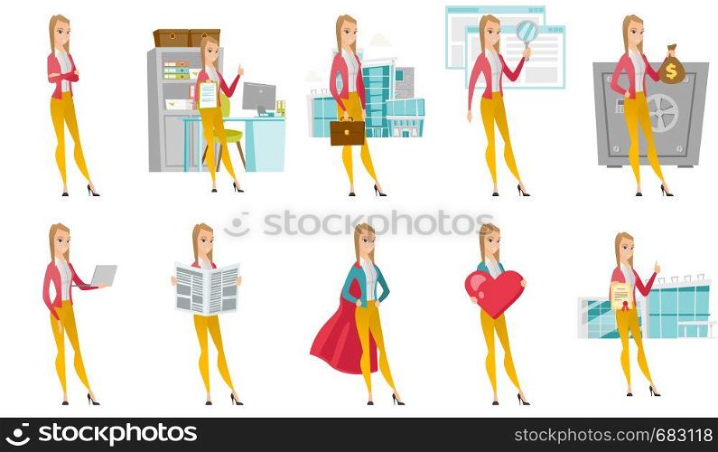Young business woman reading newspaper. Business woman standing with newspaper in hands. Business woman reading news in newspaper. Set of vector flat design illustrations isolated on white background.. Vector set of illustrations with business people.