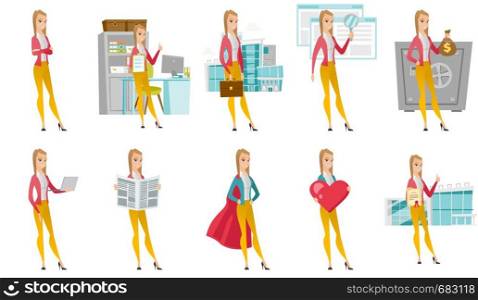 Young business woman reading newspaper. Business woman standing with newspaper in hands. Business woman reading news in newspaper. Set of vector flat design illustrations isolated on white background.. Vector set of illustrations with business people.