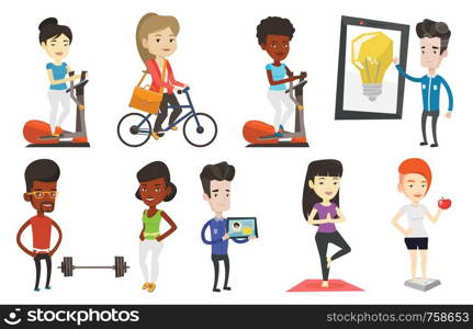 Young business woman riding a bicycle to work. Caucasian business woman with briefcase riding a bike. Healthy lifestyle concept. Set of vector flat design illustrations isolated on white background.. Vector set of sport characters.