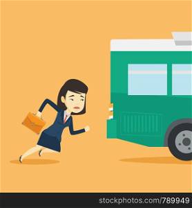 Young business woman running to catch bus. Upset asian business woman running for an outgoing bus. Sad latecomer business woman running to reach a bus. Vector flat design illustration. Square layout.. Latecomer woman running for the bus.