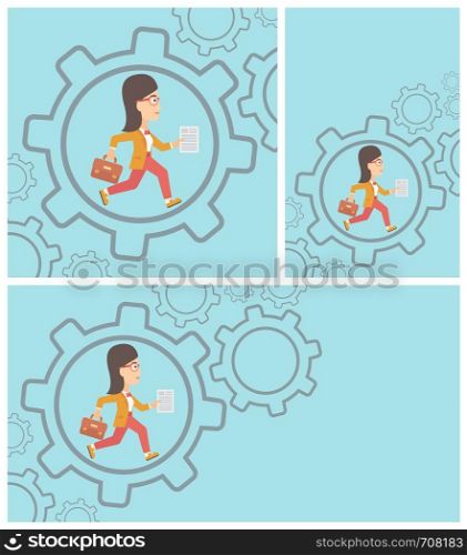 Young business woman running with a briefcase and a document inside the gear. Concept of stress in business. Vector flat design illustration. Square, horizontal, vertical layouts.. Business woman running inside the gear.
