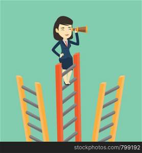 Young business woman searching for opportunities. Asian business woman using spyglass for searching of opportunities. Concept of business opportunities. Vector flat design illustration. Square layout.. Businesswoman looking for business opportunities.